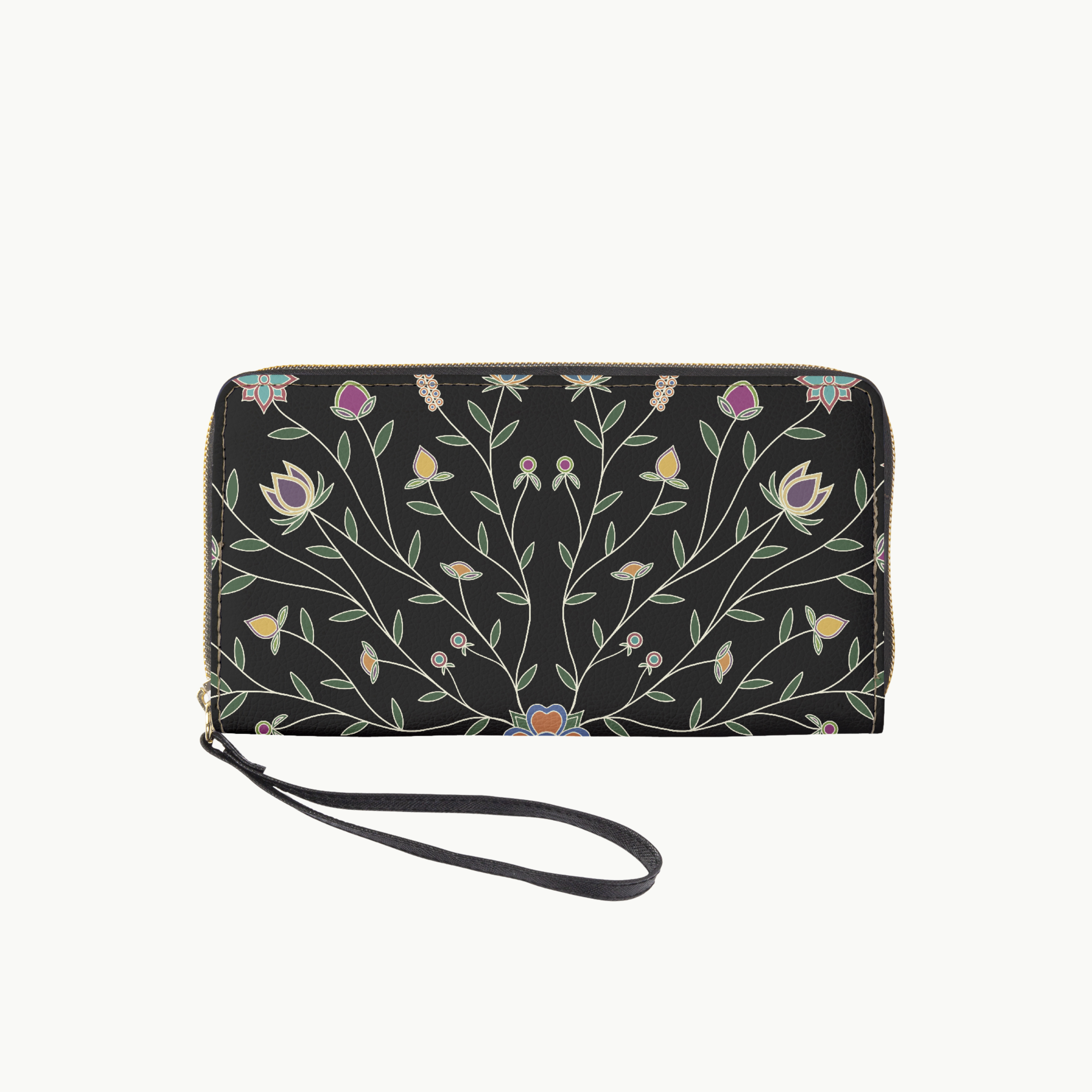 Ojibwe Floral Leather Clutch Wallet with Wristlet