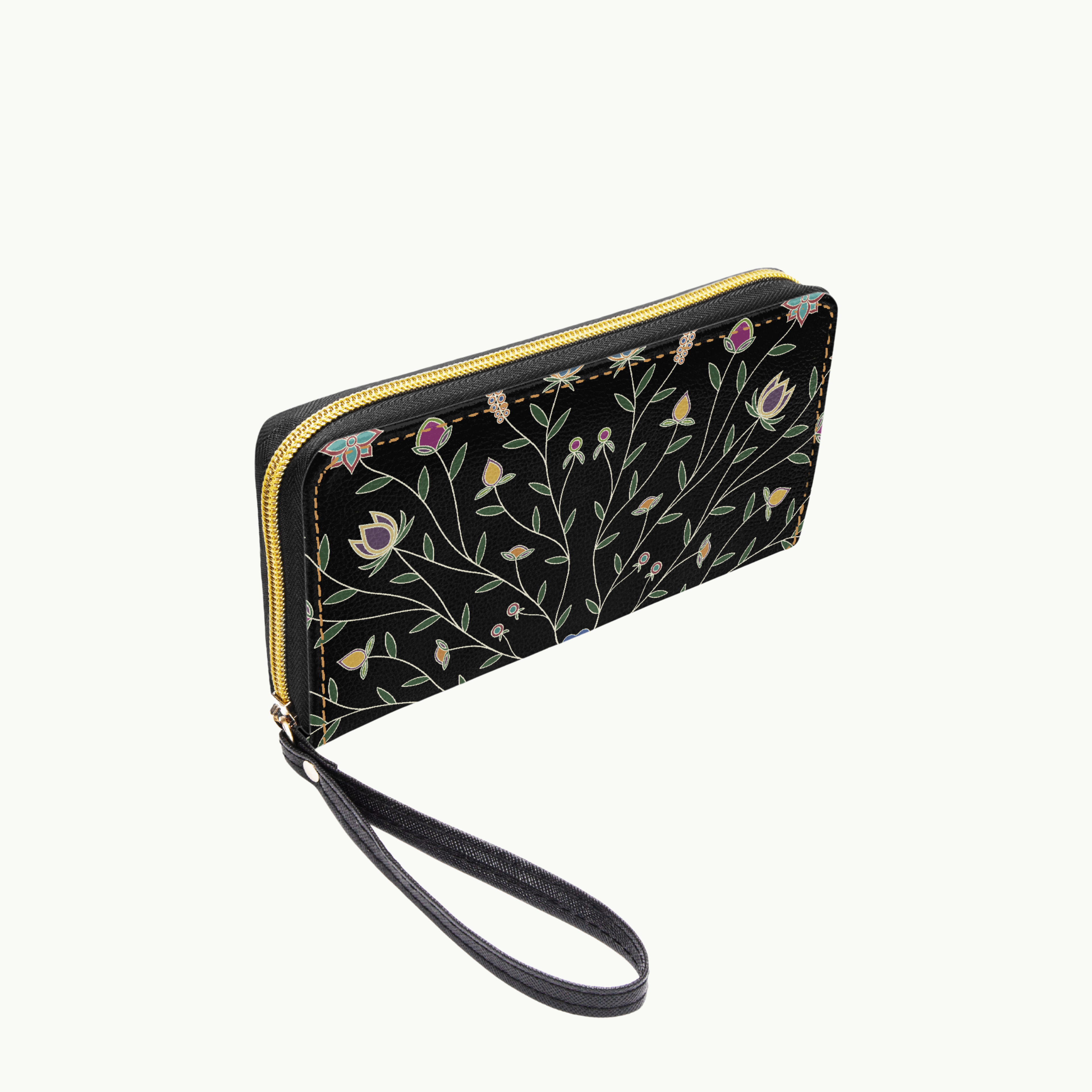 Ojibwe Floral Leather Clutch Wallet with Wristlet