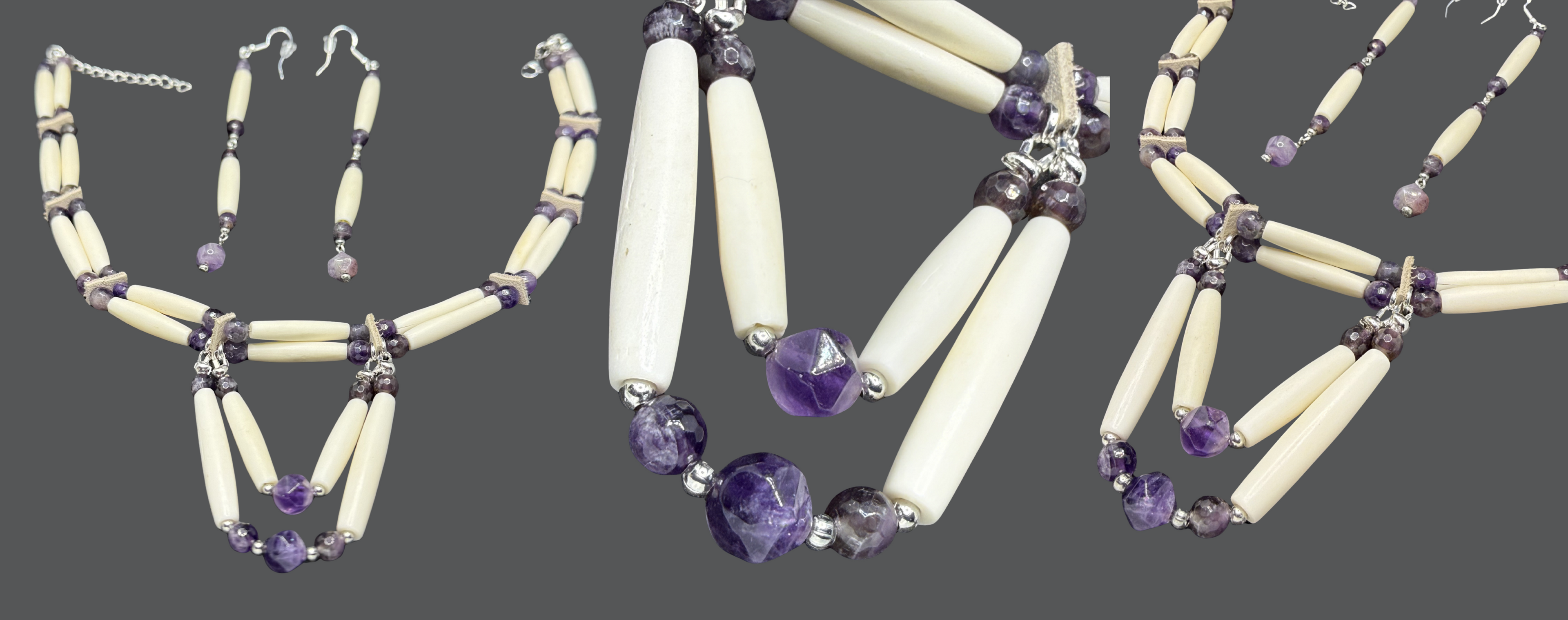 Jewelry set with bone beads and amethyst stones on a gray background
